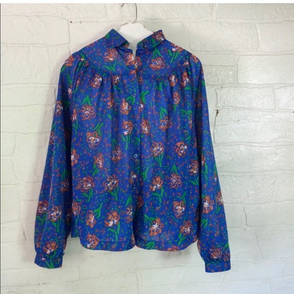 Unbranded Tops - Vintage 70s Retro Blouse Top Shirt Polyester Blue